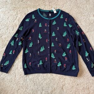 Talbots Navy Crewneck Cardigan with Teal Trim and Embroidered Motifs